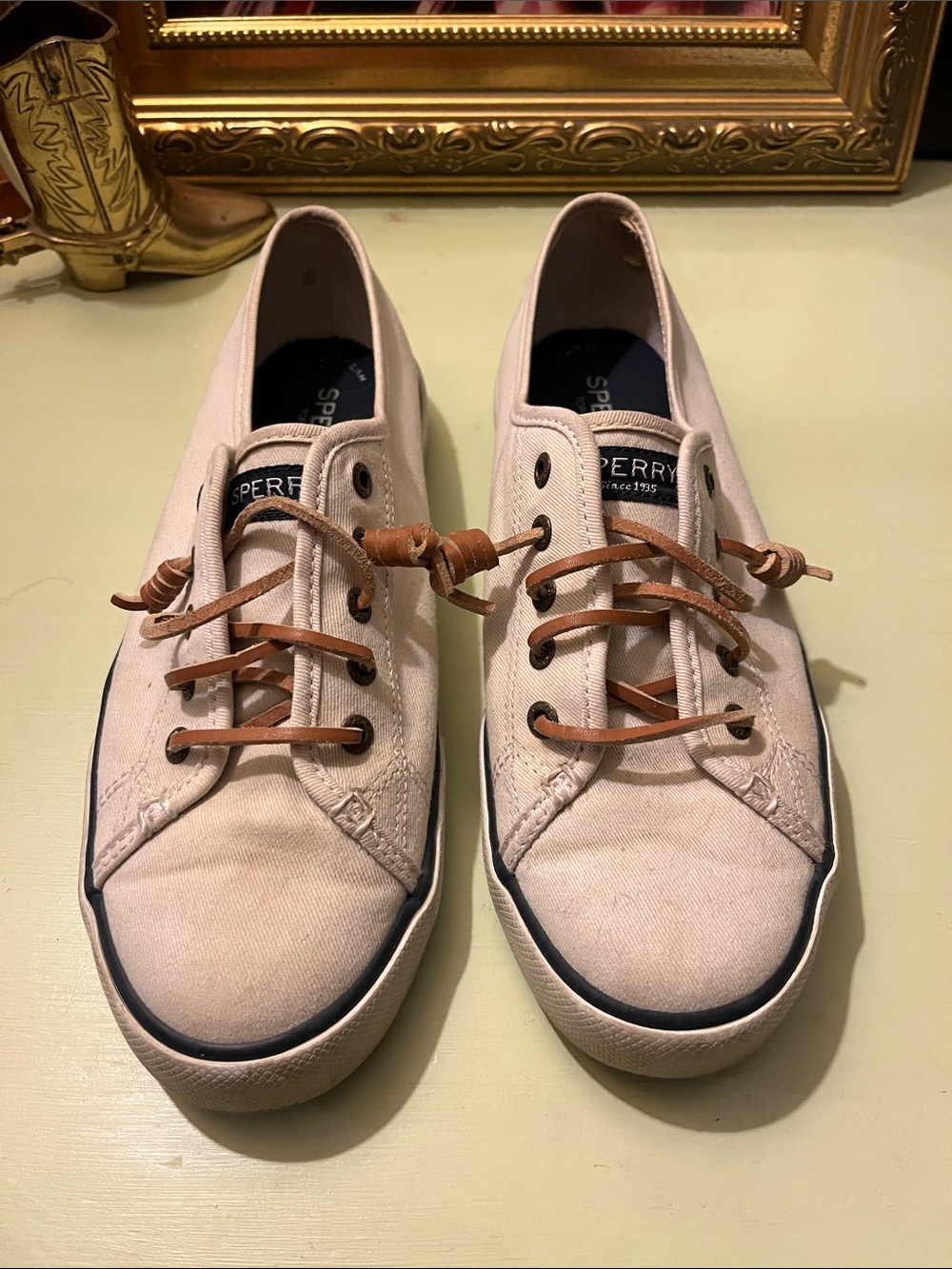 Sperry Women’s Light Beige Canvas Boat Shoes with Brown Leather Laces